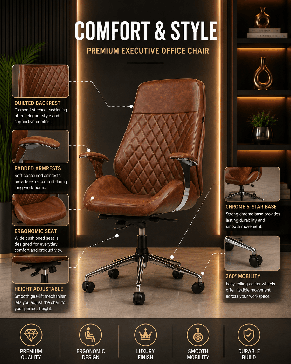 Classic Brown Leather Executive Chair - View 2