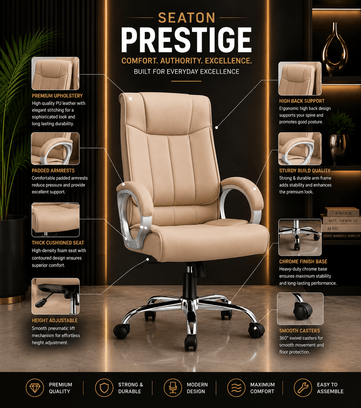 Beige Leather Executive Chair - View 2